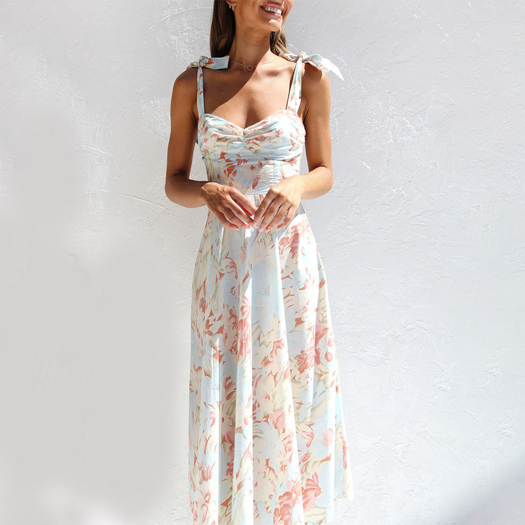Full shot of Alina women's floral midi dress, emphasizing its elegant midi length and design