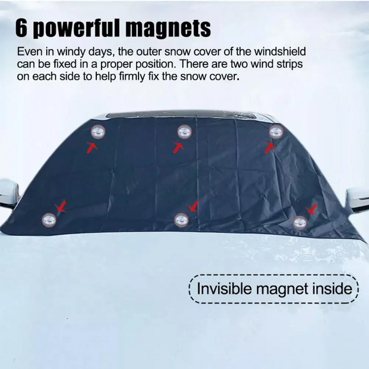 Universal fit magnetic windscreen protector, effective sun shade, snow shield & ice guard combo.