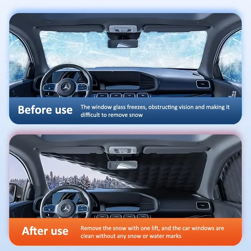 Magnetic car windscreen cover protects dashboard from sun, frost, snow & ice damage all year.