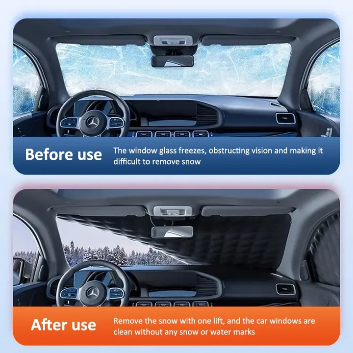 Magnetic car windscreen cover protects dashboard from sun, frost, snow & ice damage all year.