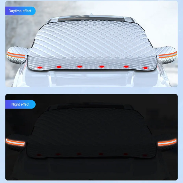 Anti-theft magnetic car windscreen cover for all-weather protection & secure fit on any vehicle.