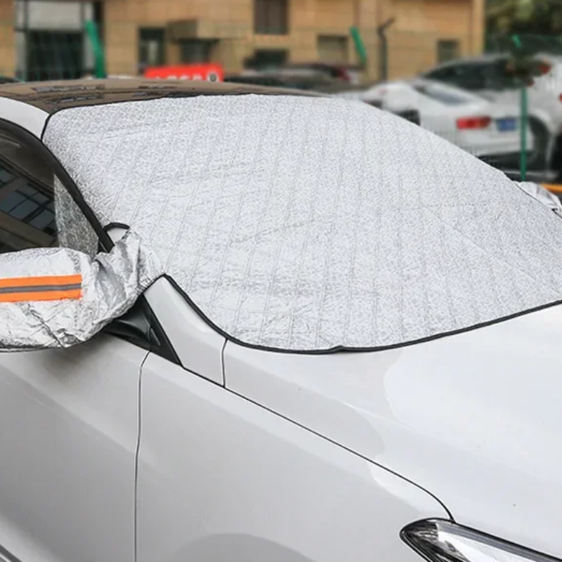 Robust, reflective all-weather magnetic car windscreen cover; premium vehicle protection accessory.