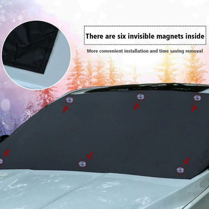 Magnetic car windshield snow shield, ice guard, and frost protector; essential winter auto accessory.