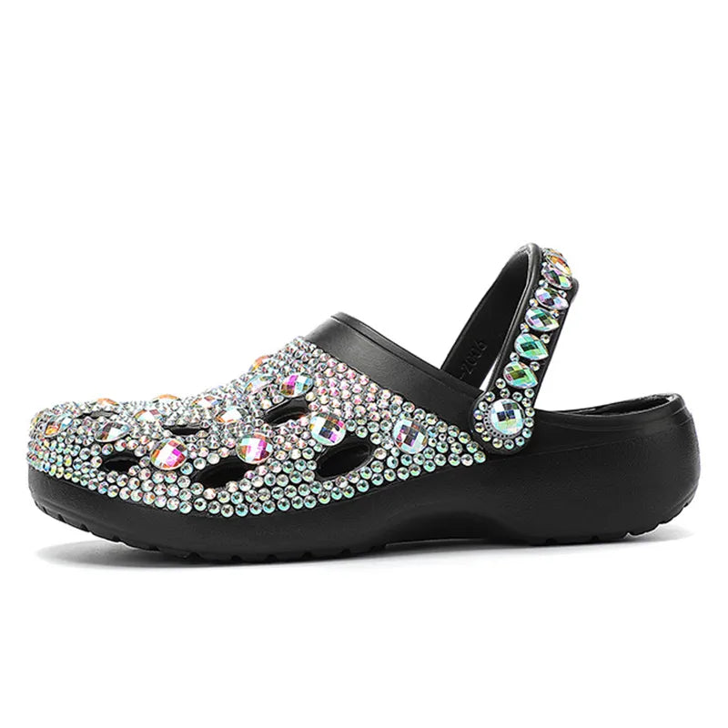 Close-up of Alviera women's crystal slides, EVA footwear with rhinestone detailing for summer