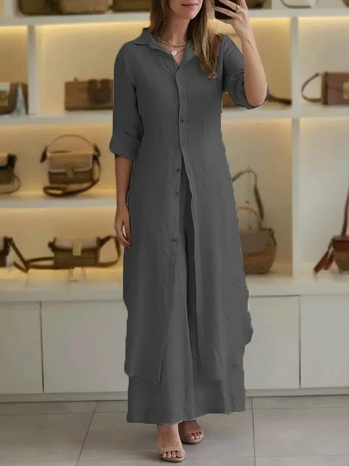 Lightweight women's linen set 'Amaya' with button-up shirt and wide-leg trousers, perfect for summer