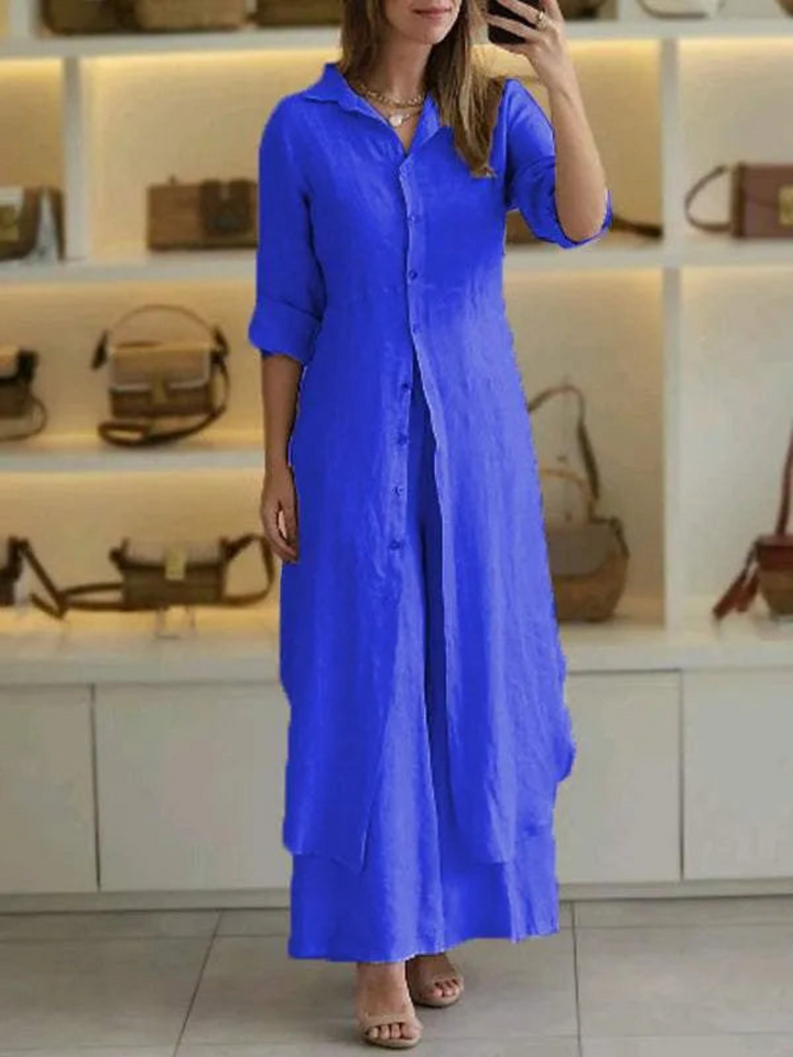 Women's 'Amaya' two-piece linen summer outfit: elegant button-up top & relaxed wide-leg pants