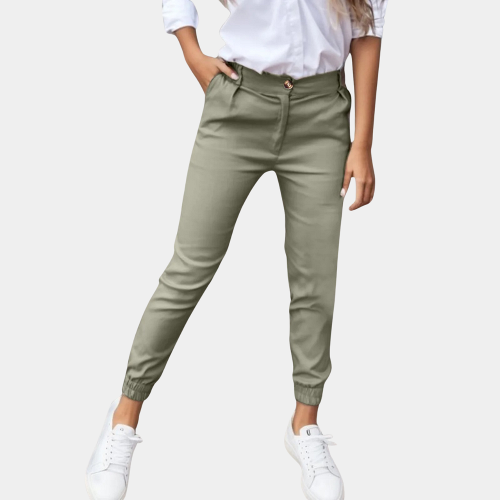Women's Amelia high waist slim fit trousers. Comfortable casual pants, perfect for everyday style & versatility.