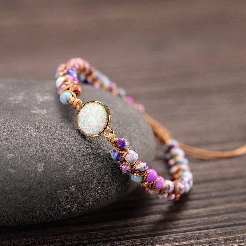 Stacked Amethyst & Opal yoga bracelets, showcasing natural gemstones & spiritual style.