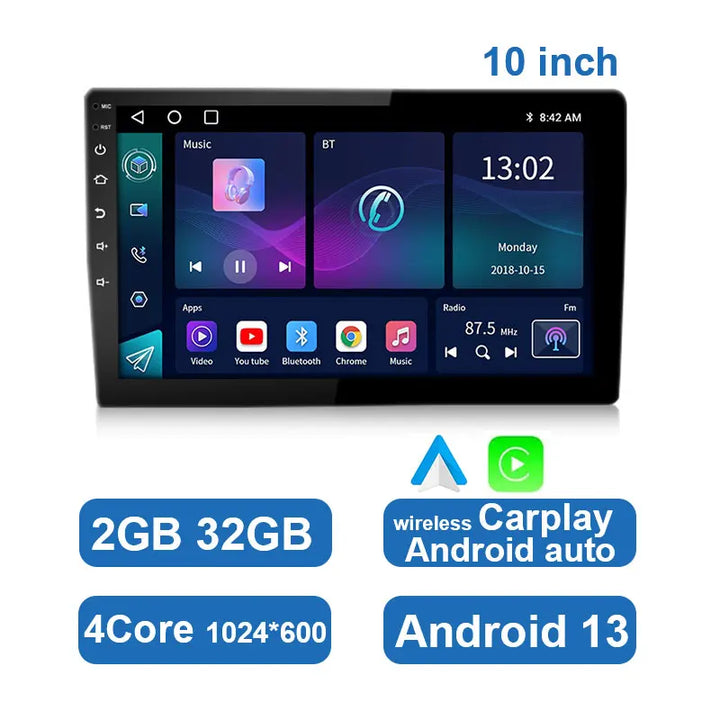 In-car entertainment system: universal Android stereo with Bluetooth connectivity for audio streaming.
