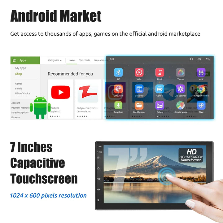 Universal car multimedia system featuring Android Auto and Apple CarPlay integration