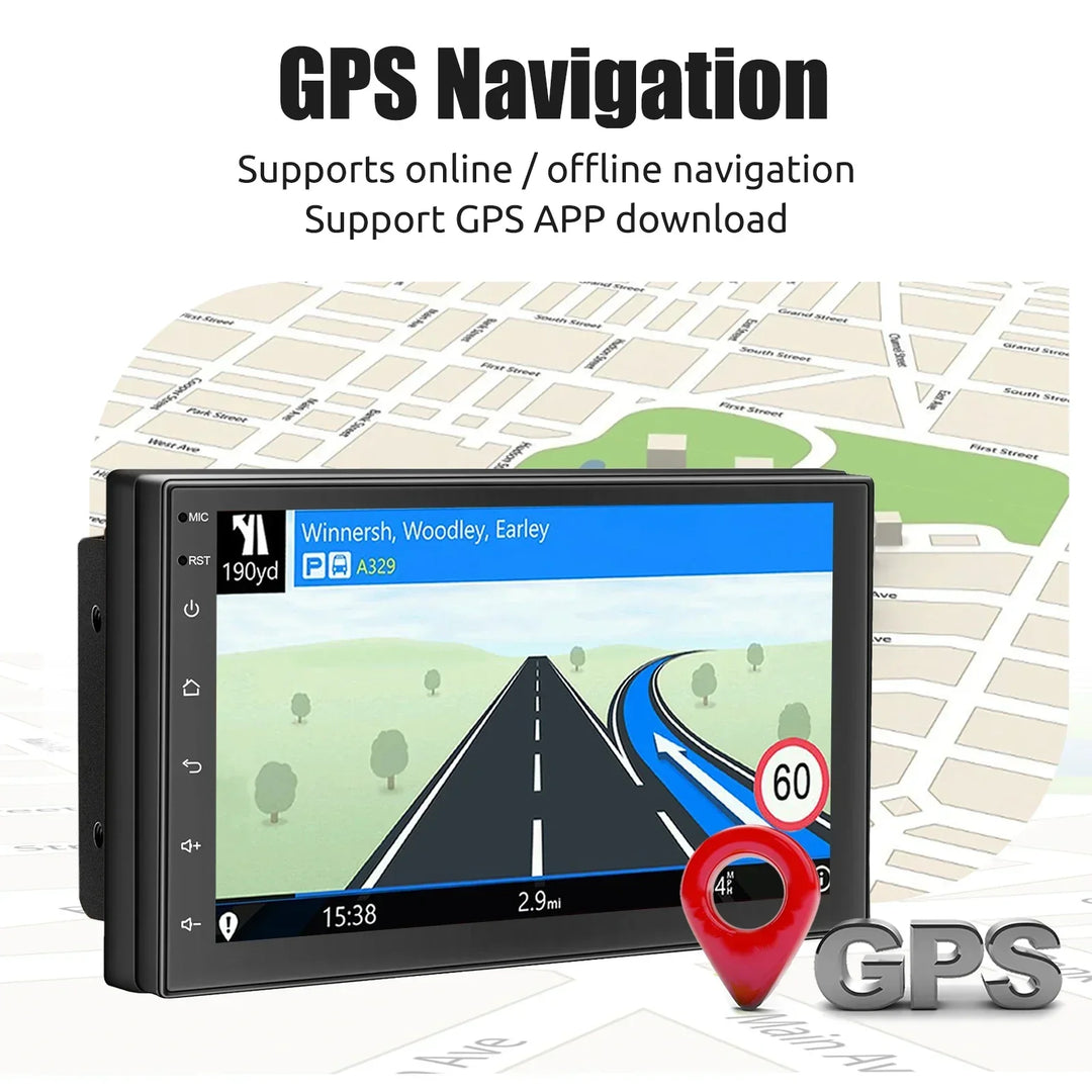 In-dash car stereo showing Android Auto interface, compatible with many vehicles
