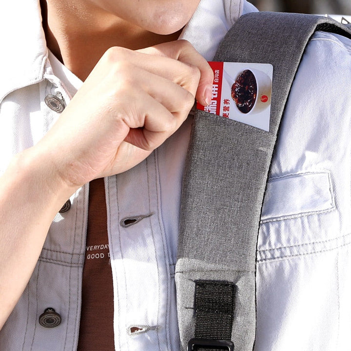 Water-resistant anti-theft backpack by SafeCarry, front view illustrating its modern design and durable material.