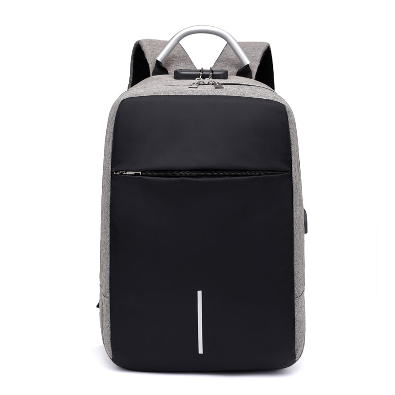 SafeCarry gray travel bag, water-resistant anti-theft backpack on a travel scene, ready for adventure.
