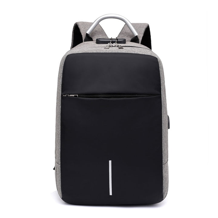 SafeCarry gray travel bag, water-resistant anti-theft backpack on a travel scene, ready for adventure.