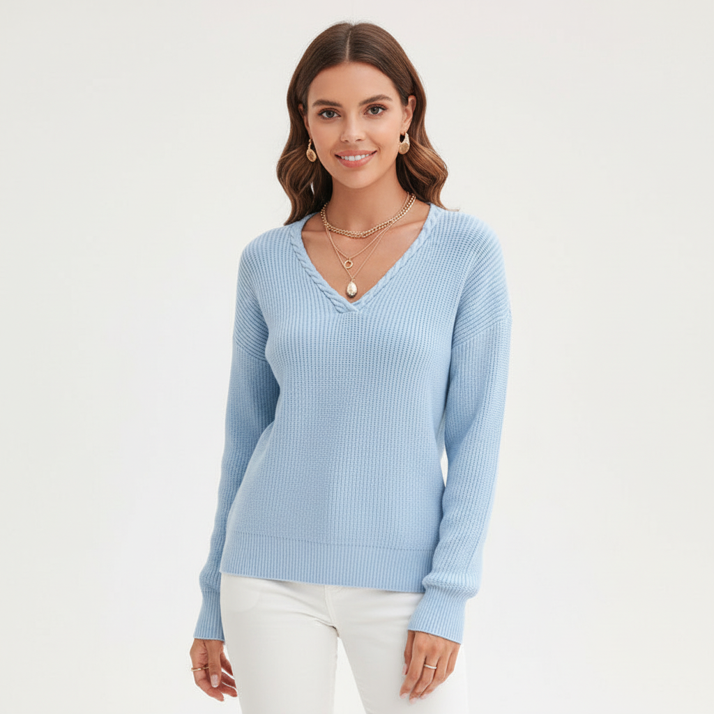 Antonia women's V-neck sweater, a stylish and comfortable pullover, suitable for everyday casual wear.