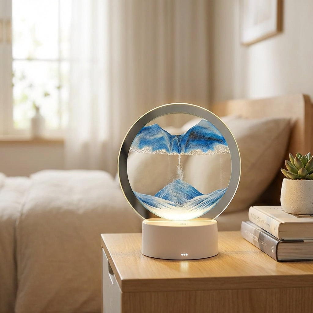 AquaDrift modern circular sand art lamp with blue and white sand flowing, creating a relaxing LED lighting display.