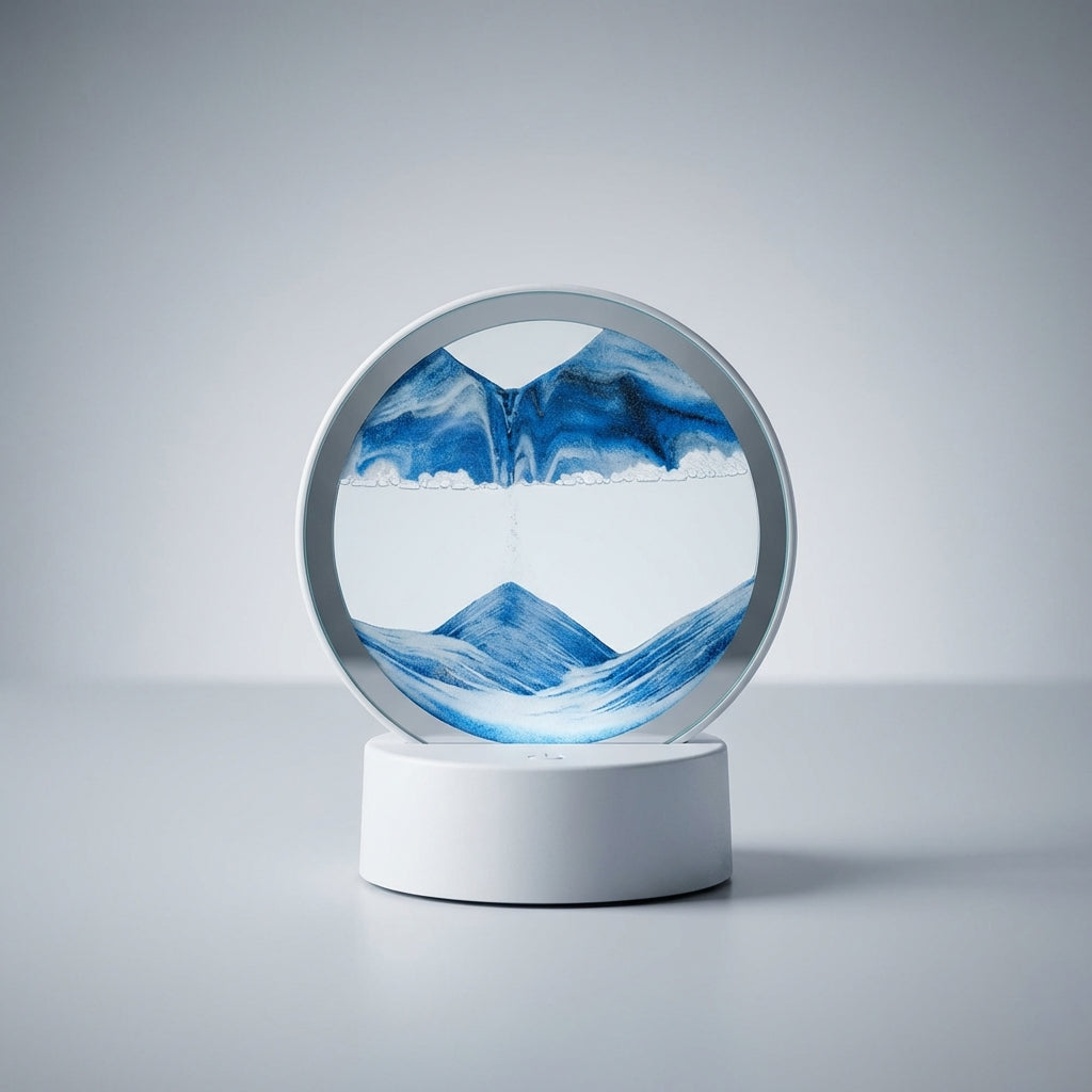 Unisex modern circular sand art lamp, an AquaDrift table lamp, featuring dynamic sandscapes and ambient LED lighting.