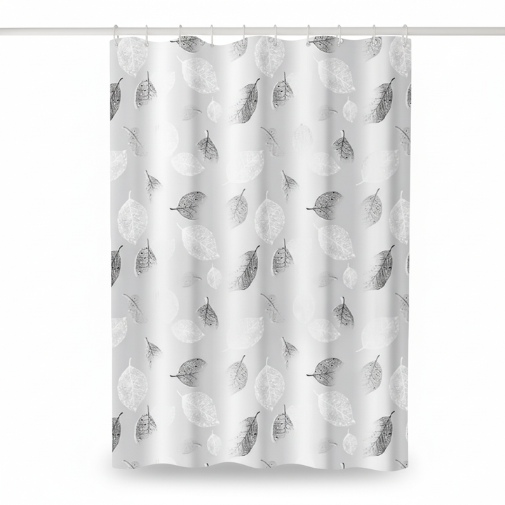 Full view of AquaLeaf shower curtain, elegant leaf design, enhancing bathroom decor