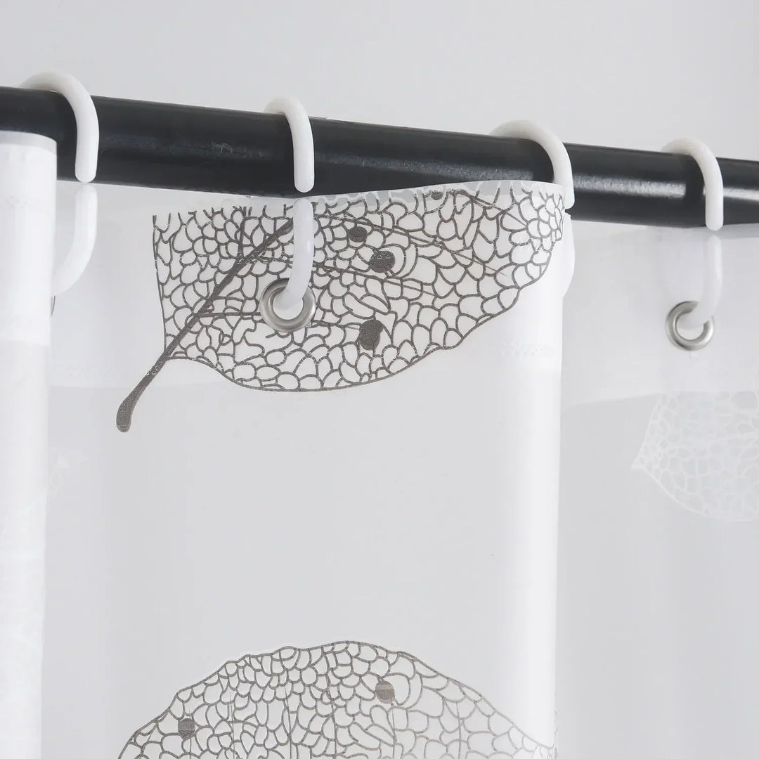 Bathroom decorated with an AquaLeaf shower curtain; subtle leaf print & water repellent