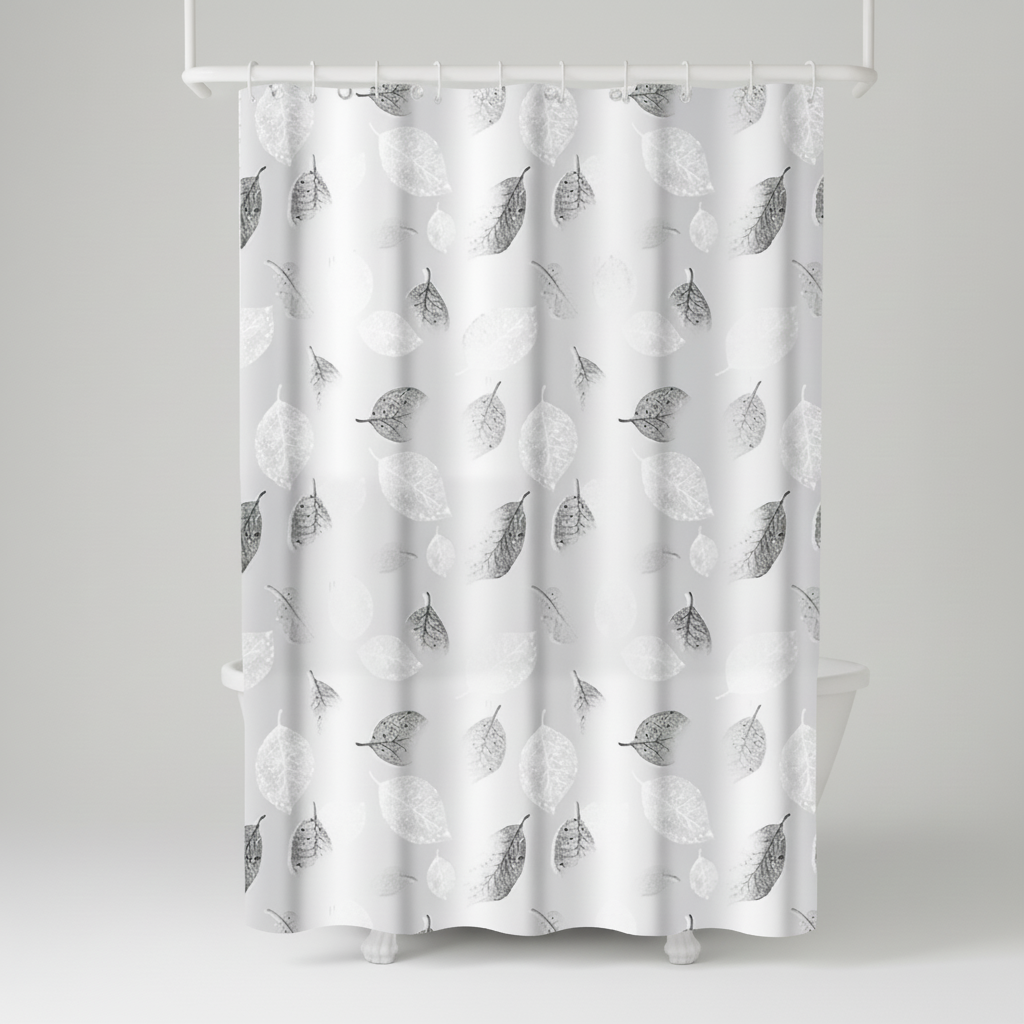 Easy install AquaLeaf shower curtain, lightweight and water repellent with modern leaf print
