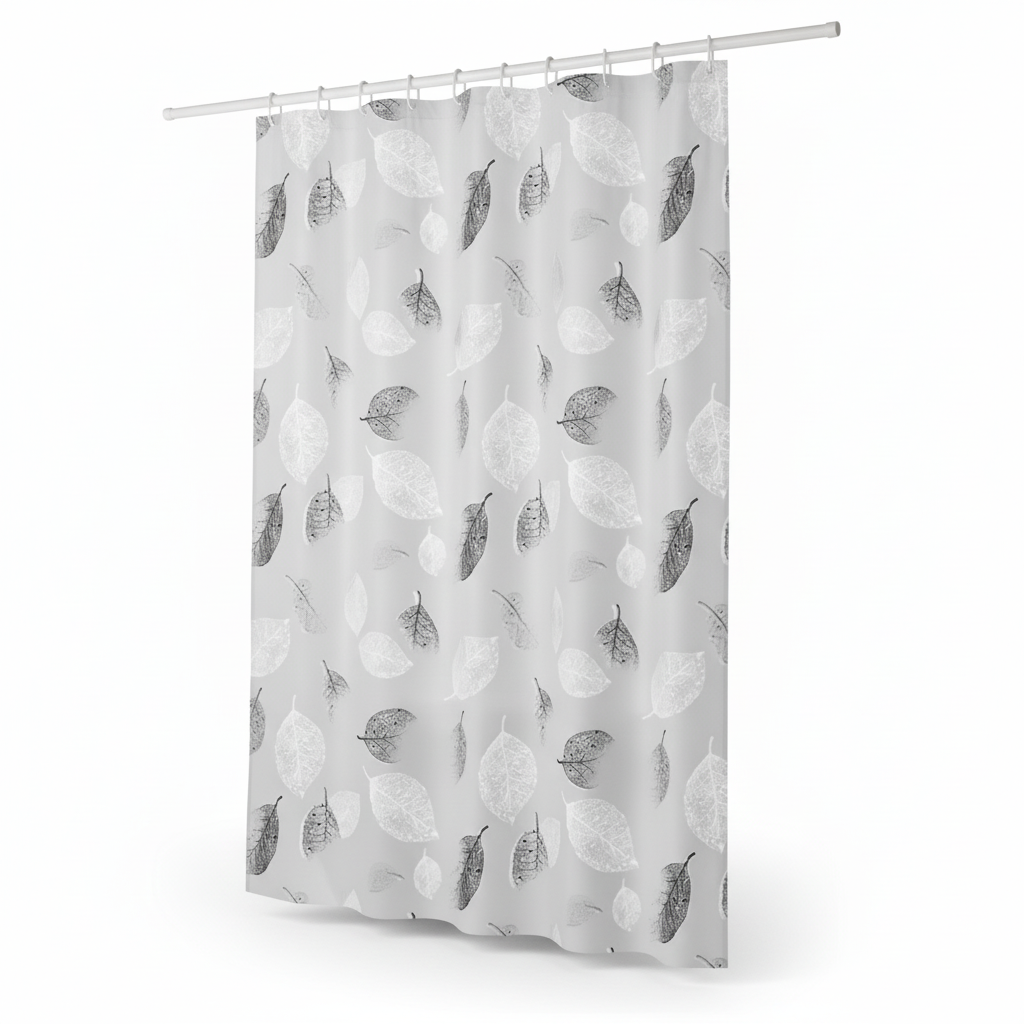 AquaLeaf shower curtain in a steamy bathroom, demonstrating its water repellent properties