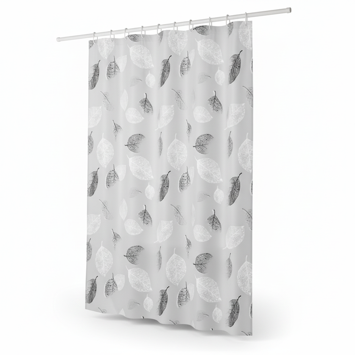 AquaLeaf shower curtain in a steamy bathroom, demonstrating its water repellent properties