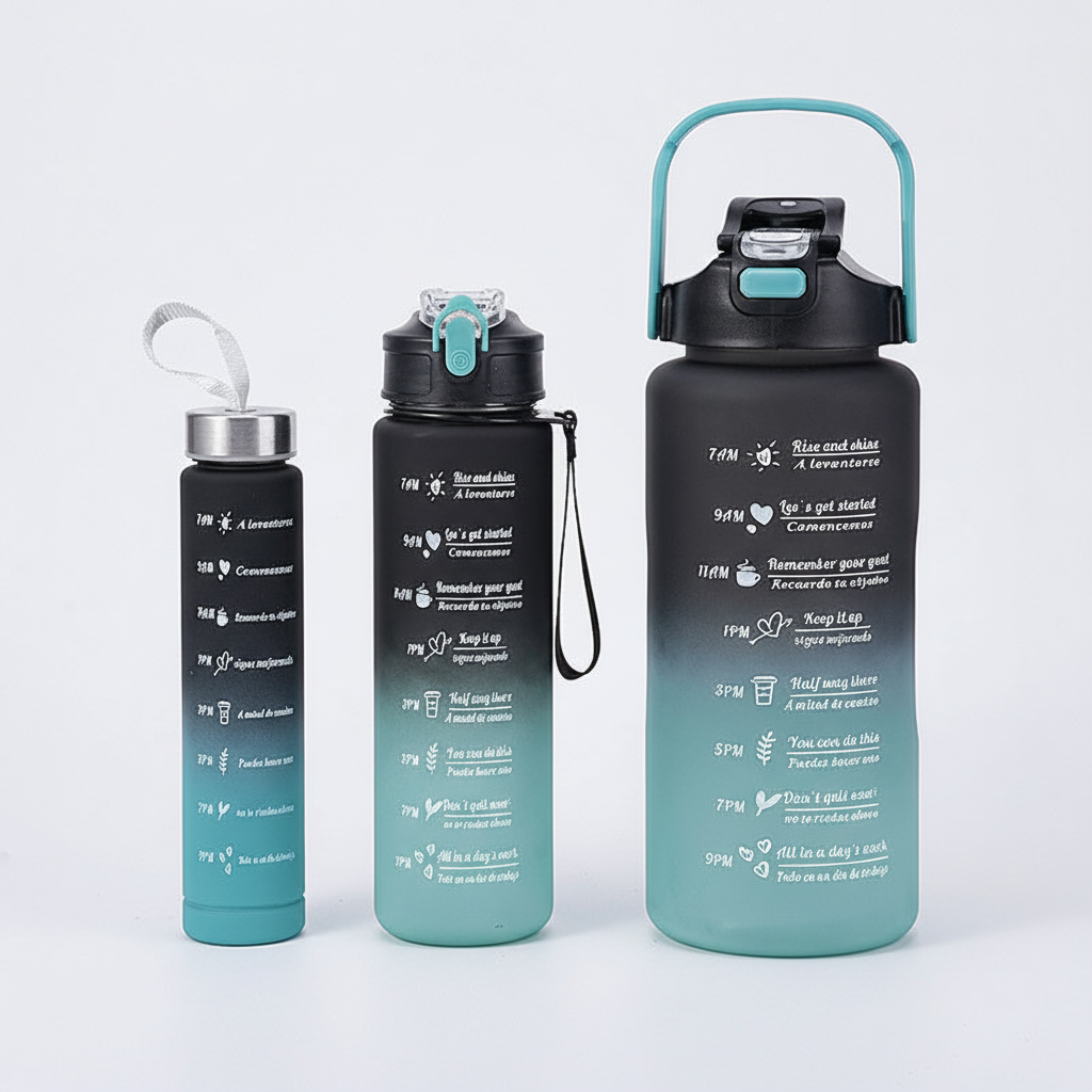 Close-up of AquaPulse 1L motivational water bottle, showing time markers and 'You Got This' message.