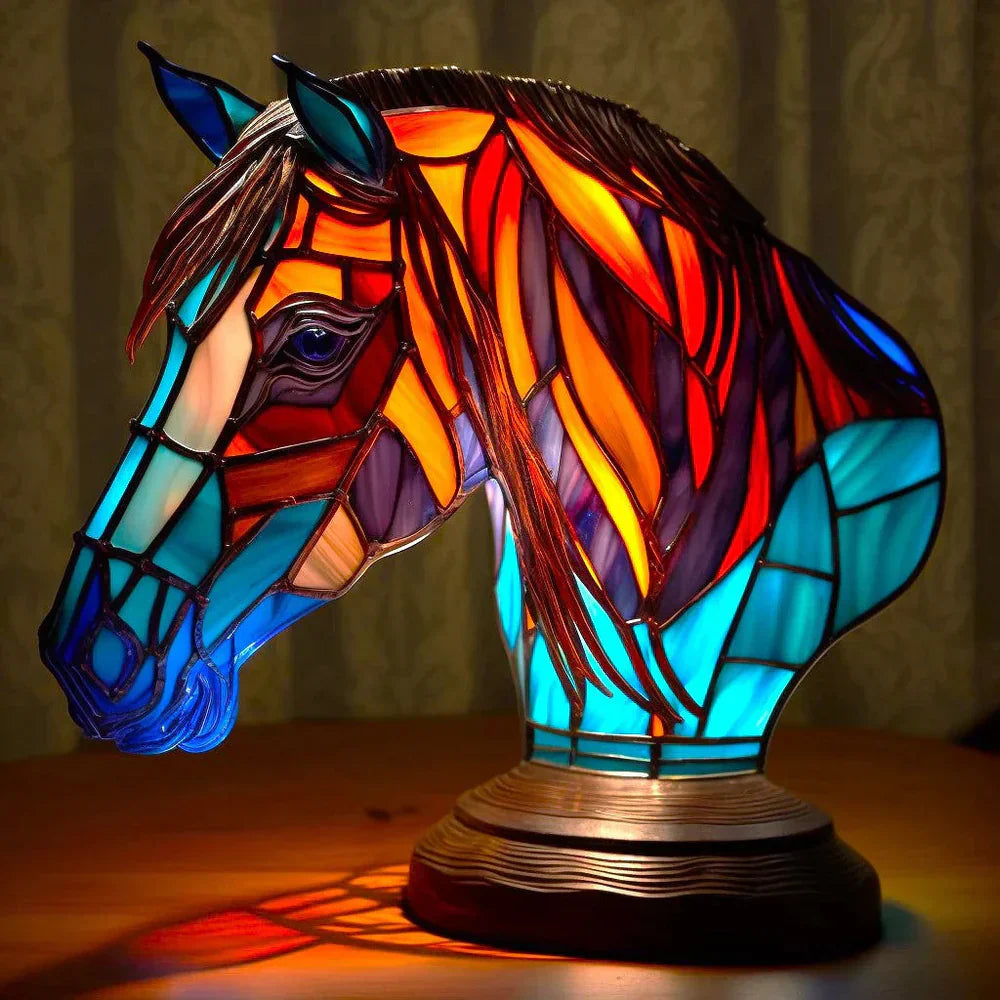 Artistic stained glass animal lamp illuminating a cozy corner, adding ambient light.