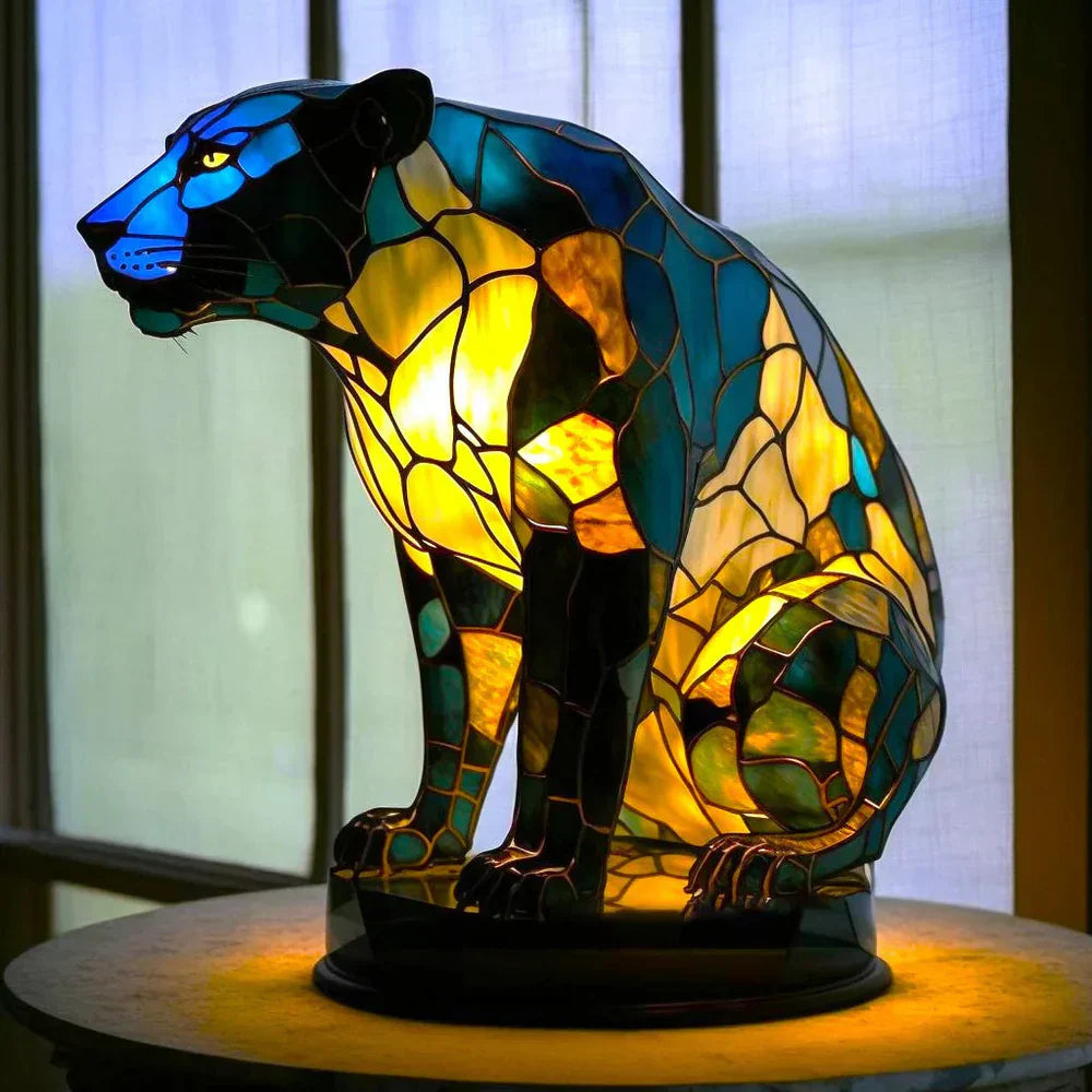 Elegant animal-themed stained glass art lamp casting warm ambient light in a living room.