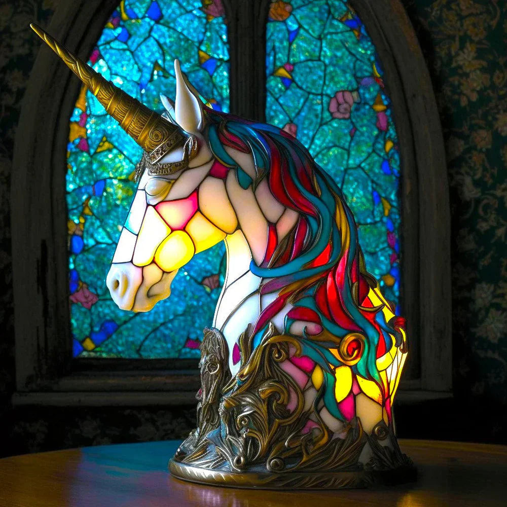 Ambient lighting from a beautiful stained glass animal table lamp, a great unique gift.