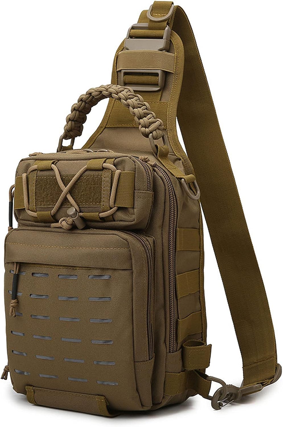Arvion fishing sling bag, multi-pocket tackle storage for outdoor adventures, water resistant khaki.