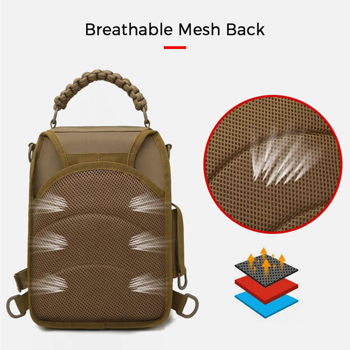 Khaki fishing sling bag with multiple compartments, perfect outdoor gear for tackle storage.