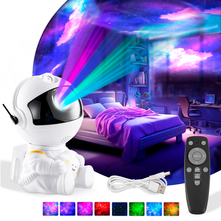 Astronaut galaxy projector with swirling nebula & starry night light.