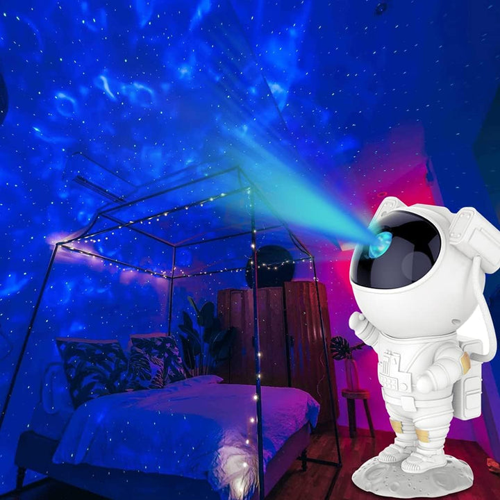 Kids' room astronaut star projector, remote control nebula lamp for soothing mood light.