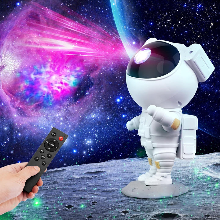 Detailed astronaut night light projecting vibrant nebula & twinkling stars.