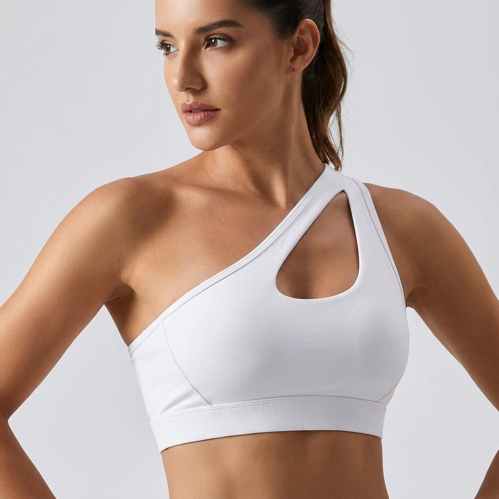 Stylish women's asymmetrical sports bra Lily, perfect for intense gym sessions, stretch fabric