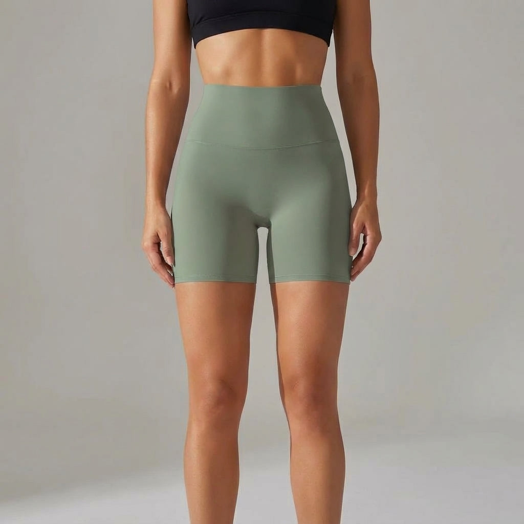 Aubree women's seamless high-waist training shorts in motion, demonstrating flexibility for yoga.
