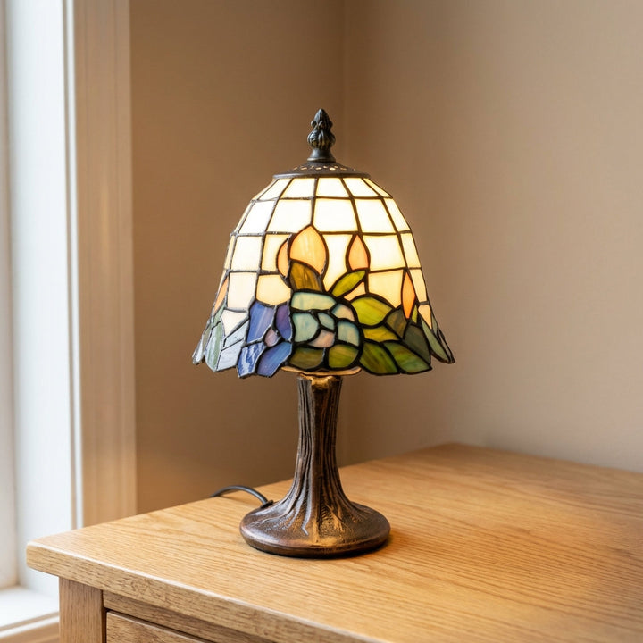 LED stained glass table lamp, Aurafleur style, with an elegant brushed nickel base for beautiful ambient lighting.