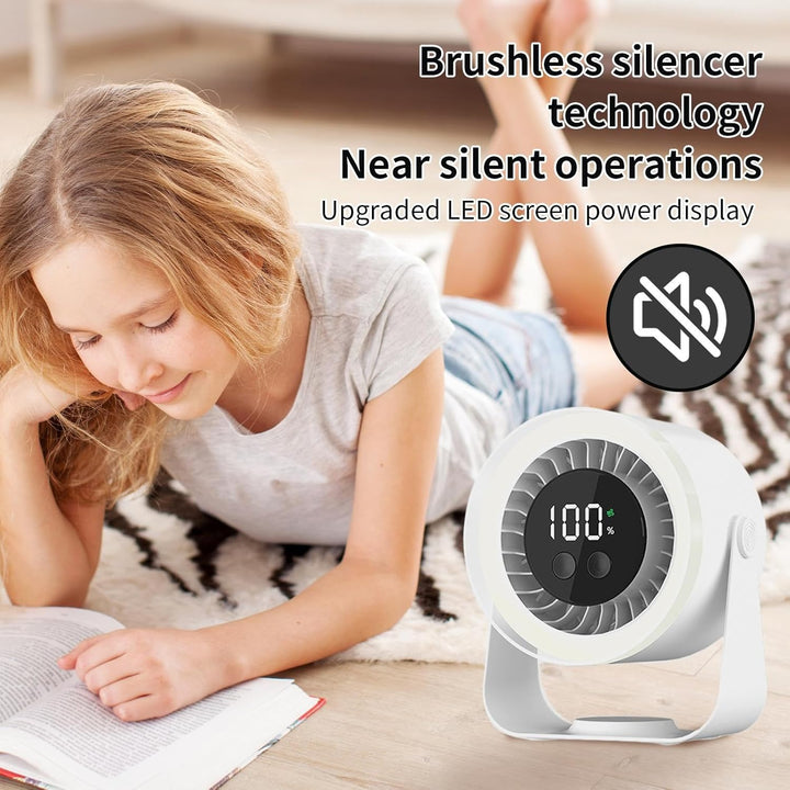 Portable Auralis quiet fan, charging via USB, ready for use as a personal cooling solution