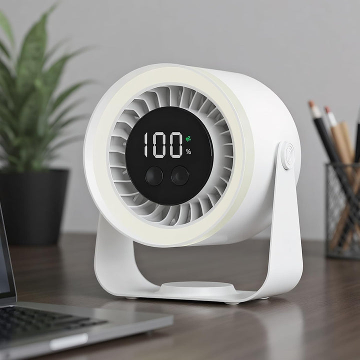 Auralis quiet desk fan, a modern dorm essential, shown with its USB charging cable