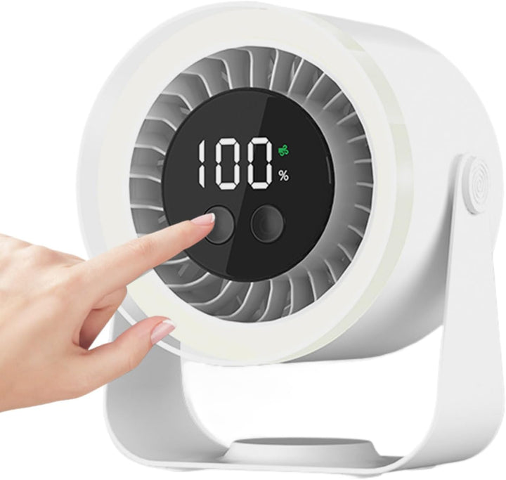Auralis quiet fan in a professional office setting, showcasing its USB rechargeable convenience