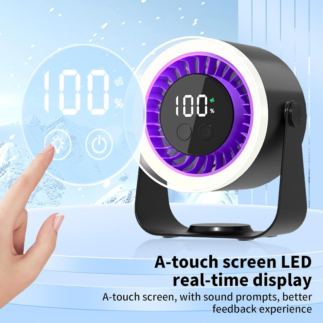Compact Auralis fan, quiet operation, USB rechargeable, perfect for travel or small desks