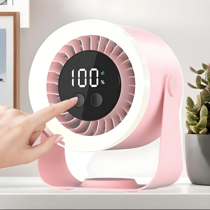 Rechargeable Auralis portable fan, designed for quiet air circulation in dorms or offices