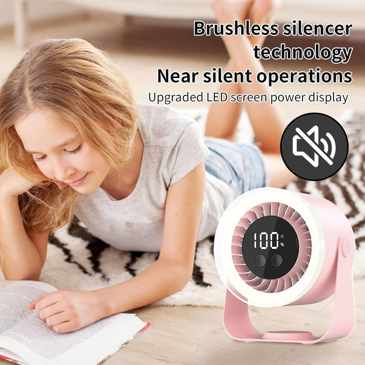 Close-up of Auralis quiet desk fan's minimalist design, USB rechargeable convenience