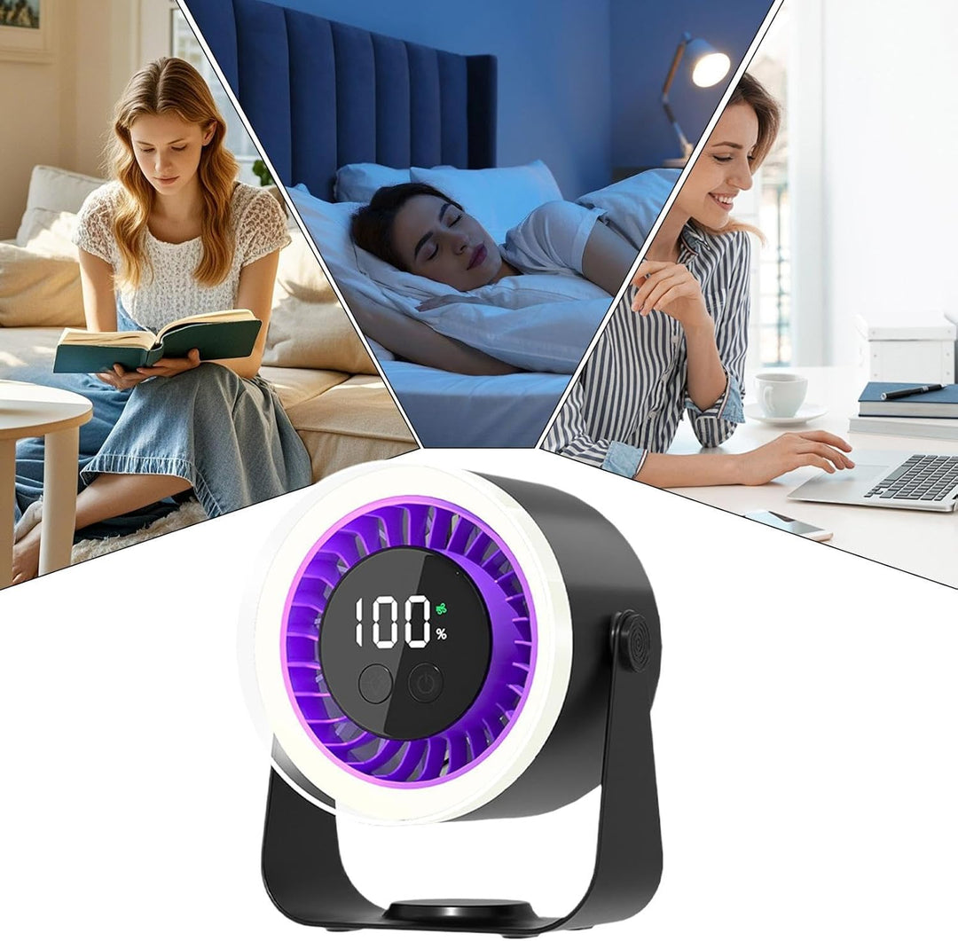 Pink Auralis Desk Fan on a clean, modern desk, emphasizing its aesthetic and quiet operation.