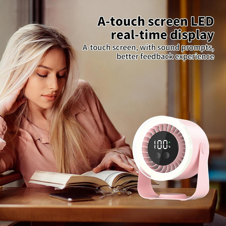 Pink Auralis Desk Fan, 10-speed quiet operation, USB rechargeable for office or travel.
