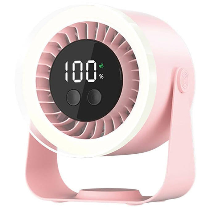 Auralis Pink Quiet Desk Fan on a wooden desk, emphasizing its role as a personal cooler.