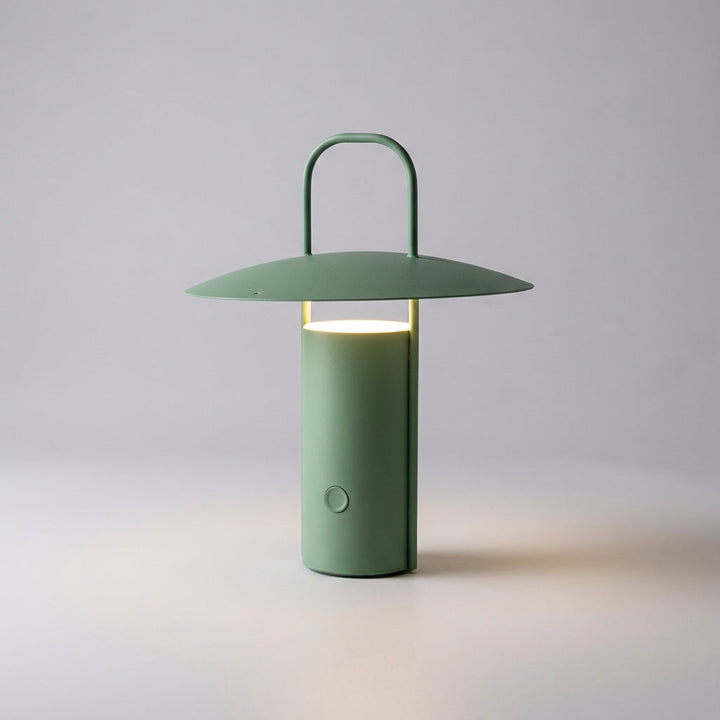 Modern LED lamp, AuraPorto wireless lantern on a tabletop, home decor accent.