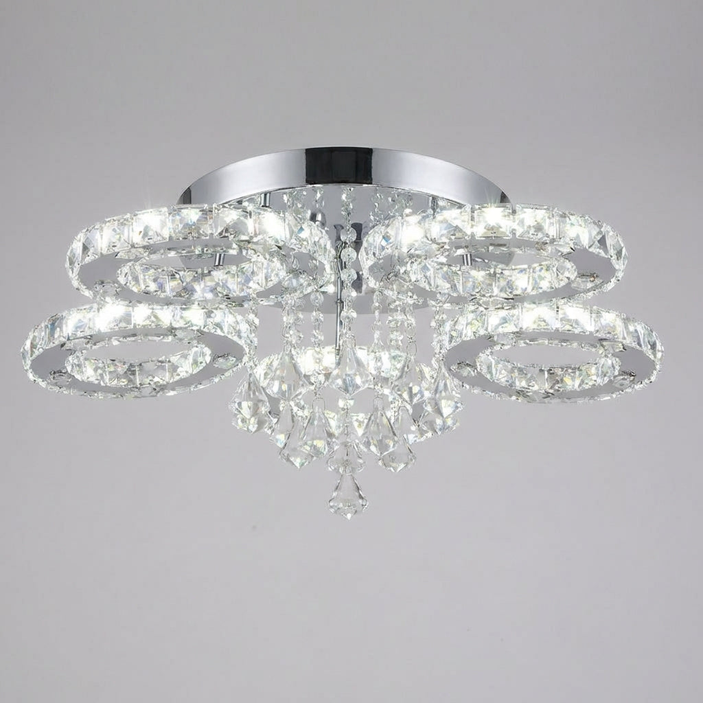 Close-up of Aurellin ceiling-mounted crystal chandelier, showcasing intricate design and reflective facets