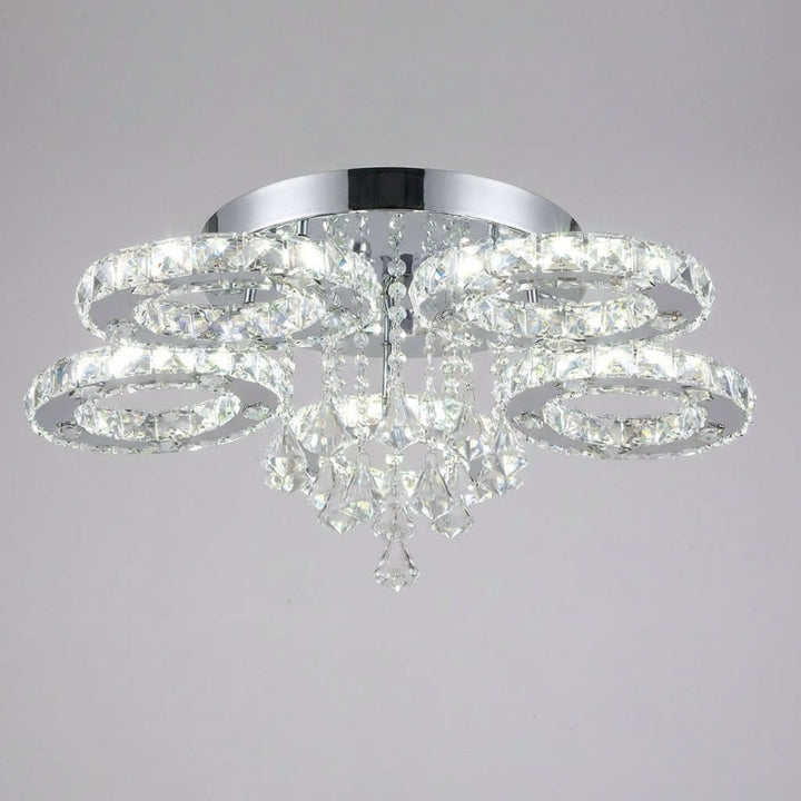 Close-up of Aurellin ceiling-mounted crystal chandelier, showcasing intricate design and reflective facets